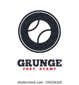 Grunge post stamp. Circle banner or label. Tennis ball sign icon. Sport symbol. Dirty textured web button. Vector