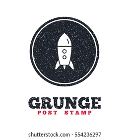Grunge post stamp. Circle banner or label. Start up icon. Startup business rocket sign. Dirty textured web button. Vector
