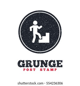 Grunge post stamp. Circle banner or label. Upstairs icon. Human walking on ladder sign. Dirty textured web button. Vector