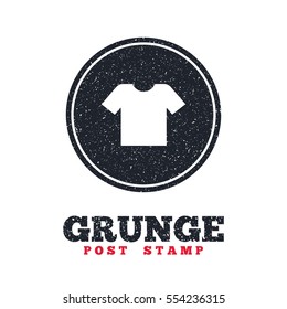 Grunge post stamp. Circle banner or label. T-shirt sign icon. Clothes symbol. Dirty textured web button. Vector