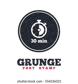 Grunge post stamp. Circle banner or label. Timer sign icon. 30 minutes stopwatch symbol. Dirty textured web button. Vector svg