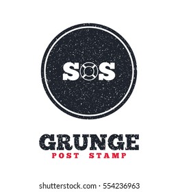 Grunge post stamp. Circle banner or label. SOS sign icon. Lifebuoy symbol. Dirty textured web button. Vector