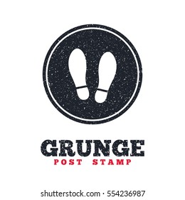 Grunge post stamp. Circle banner or label. Imprint soles shoes sign icon. Shoe print symbol. Dirty textured web button. Vector