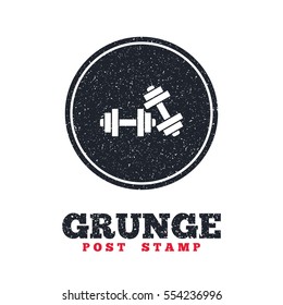 Grunge post stamp. Circle banner or label. Dumbbells sign icon. Fitness sport symbol. Gym workout equipment. Dirty textured web button. Vector