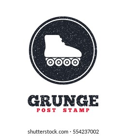 Grunge post stamp. Circle banner or label. Roller skates sign icon. Rollerblades symbol. Dirty textured web button. Vector