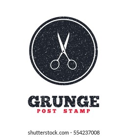 Grunge post stamp. Circle banner or label. Scissors hairdresser sign icon. Tailor symbol. Dirty textured web button. Vector