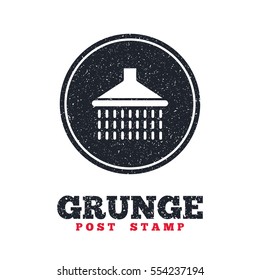 Grunge post stamp. Circle banner or label. Shower sign icon. Douche with water drops symbol. Dirty textured web button. Vector