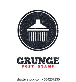 Grunge post stamp. Circle banner or label. Shower sign icon. Douche with water drops symbol. Dirty textured web button. Vector