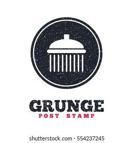 Grunge post stamp. Circle banner or label. Shower sign icon. Douche with water drops symbol. Dirty textured web button. Vector