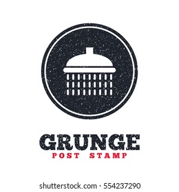 Grunge post stamp. Circle banner or label. Shower sign icon. Douche with water drops symbol. Dirty textured web button. Vector
