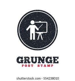 Grunge post stamp. Circle banner or label. Presentation sign icon. Man standing with pointer. Blank empty billboard symbol. Dirty textured web button. Vector