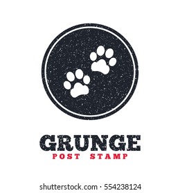 Grunge post stamp. Circle banner or label. Paw sign icon. Dog pets steps symbol. Dirty textured web button. Vector