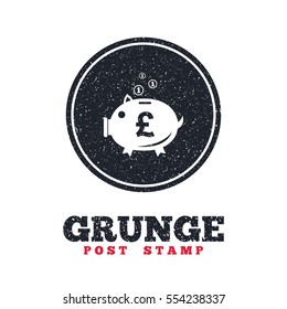 Grunge post stamp. Circle banner or label. Piggy bank sign icon. Moneybox pound symbol. Dirty textured web button. Vector