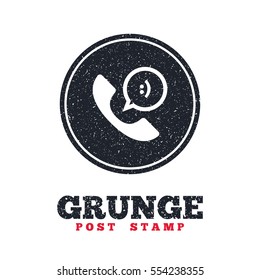 Grunge post stamp. Circle banner or label. Phone sign icon. Support symbol. Call center. Speech bubble with smile. Dirty textured web button. Vector