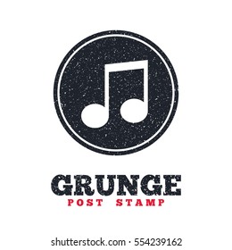Grunge post stamp. Circle banner or label. Music note sign icon. Musical symbol. Dirty textured web button. Vector