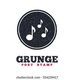 Grunge post stamp. Circle banner or label. Music notes sign icon. Musical symbol. Dirty textured web button. Vector