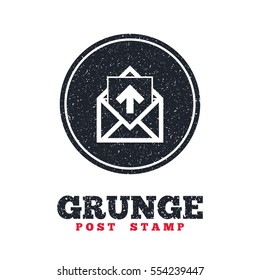 Grunge post stamp. Circle banner or label. Mail icon. Envelope symbol. Outgoing message sign. Mail navigation button. Dirty textured web button. Vector