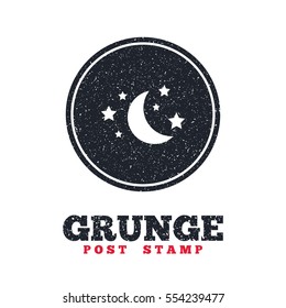 Grunge post stamp. Circle banner or label. Moon and stars icon. Sleep dreams symbol. Night or bed time sign. Dirty textured web button. Vector