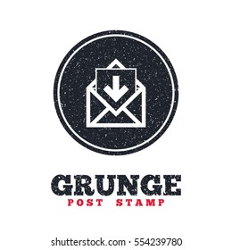 Grunge post stamp. Circle banner or label. Mail icon. Envelope symbol. Inbox message sign. Mail navigation button. Dirty textured web button. Vector