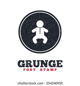 Grunge post stamp. Circle banner or label. Baby infant sign icon. Toddler boy in pajamas or crawlers body symbol. Child WC toilet. Dirty textured web button. Vector