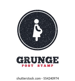 Grunge post stamp. Circle banner or label. Pregnant sign icon. Women Pregnancy symbol. Dirty textured web button. Vector