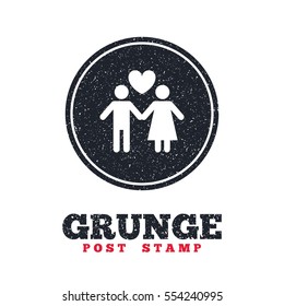 Grunge post stamp. Circle banner or label. Couple sign icon. Male love female. Lovers with heart. Dirty textured web button. Vector