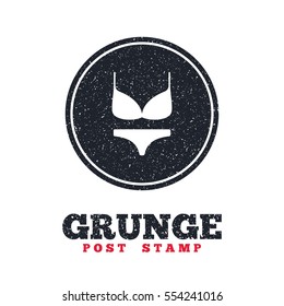 Grunge post stamp. Circle banner or label. Women bra and panties sign icon. Intimates underwear symbol. Dirty textured web button. Vector