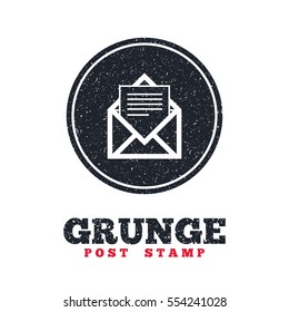 Grunge post stamp. Circle banner or label. Mail icon. Envelope symbol. Message sign. Mail navigation button. Dirty textured web button. Vector