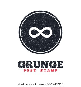 Grunge post stamp. Circle banner or label. Limitless sign icon. Infinity symbol. Dirty textured web button. Vector