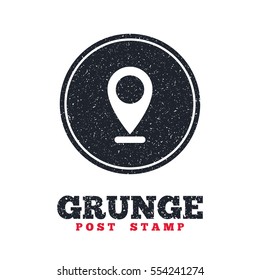 Grunge post stamp. Circle banner or label. Internet mark icon. Navigation pointer symbol. Position marker sign. Dirty textured web button. Vector
