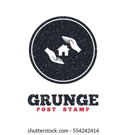 Grunge post stamp. Circle banner or label. House insurance sign icon. Hands protect cover symbol. Insurance of property. Dirty textured web button. Vector