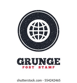Grunge post stamp. Circle banner or label. Globe sign icon. World symbol. Dirty textured web button. Vector