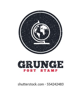 Grunge post stamp. Circle banner or label. Globe sign icon. World map geography symbol. Globe on stand for studying. Dirty textured web button. Vector