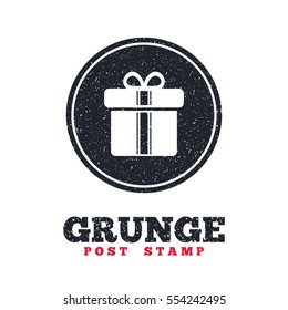Grunge post stamp. Circle banner or label. Gift box sign icon. Present with ribbons symbol. Dirty textured web button. Vector