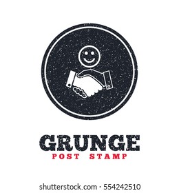 Grunge post stamp. Circle banner or label. Smile handshake sign icon. Successful business with happy face symbol. Dirty textured web button. Vector