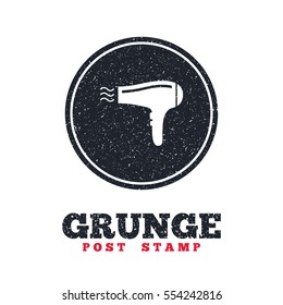 Grunge post stamp. Circle banner or label. Hairdryer sign icon. Hair drying symbol. Blowing hot air. Turn on. Dirty textured web button. Vector