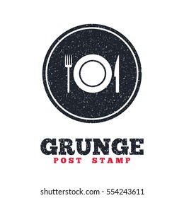 Grunge post stamp. Circle banner or label. Food sign icon. Cutlery symbol. Knife and fork, dish. Dirty textured web button. Vector