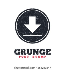 Grunge post stamp. Circle banner or label. Download icon. Upload button. Load symbol. Dirty textured web button. Vector