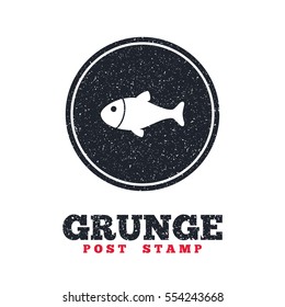Grunge post stamp. Circle banner or label. Fish sign icon. Fishing symbol. Dirty textured web button. Vector