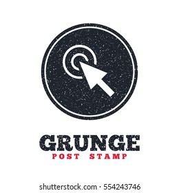 Grunge post stamp. Circle banner or label. Mouse cursor sign icon. Pointer symbol. Dirty textured web button. Vector