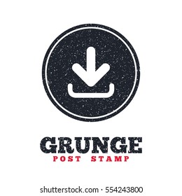 Grunge post stamp. Circle banner or label. Download icon. Upload button. Load symbol. Dirty textured web button. Vector