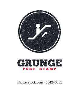 Grunge post stamp. Circle banner or label. Escalator staircase icon. Elevator moving stairs up symbol. Dirty textured web button. Vector