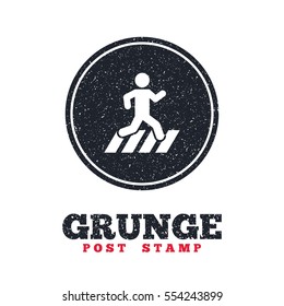 Grunge post stamp. Circle banner or label. Crosswalk icon. Crossing street sign. Dirty textured web button. Vector