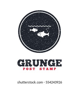 Grunge post stamp. Circle banner or label. Fish in water sign icon. Fishing symbol. Dirty textured web button. Vector