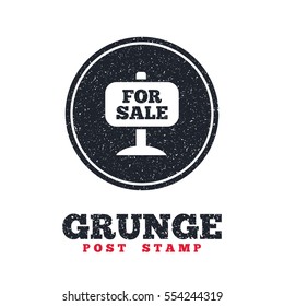 Grunge post stamp. Circle banner or label. For sale sign icon. Real estate selling. Dirty textured web button. Vector