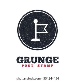 Grunge post stamp. Circle banner or label. Flag pointer sign icon. Location marker symbol. Dirty textured web button. Vector