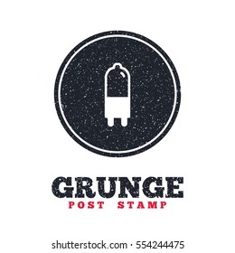 Grunge post stamp. Circle banner or label. Light bulb icon. Lamp G9 socket symbol. Led or halogen light sign. Dirty textured web button. Vector