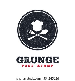 Grunge post stamp. Circle banner or label. Chef hat sign icon. Cooking symbol. Cooks hat with fork and spoon. Dirty textured web button. Vector