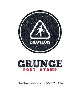 Grunge post stamp. Circle banner or label. Caution wet floor sign icon. Human falling triangle symbol. Dirty textured web button. Vector