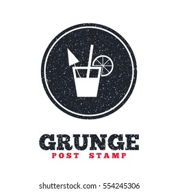 Grunge post stamp. Circle banner or label. Cocktail sign. Alcoholic drink symbol. Dirty textured web button. Vector